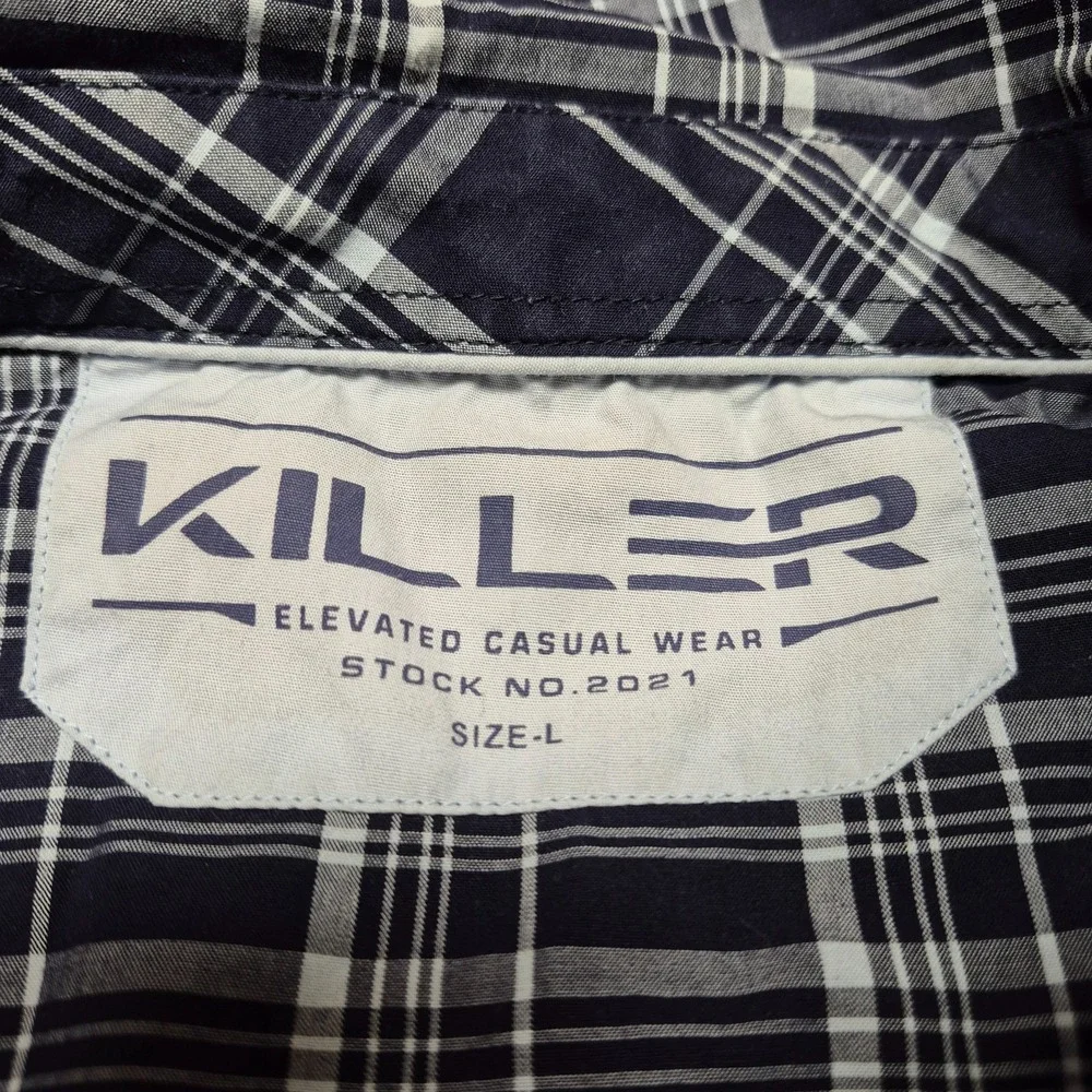 Killer Mens Navy Blue White Plaid Button Down Shirt Long Sleeve Cotton Large